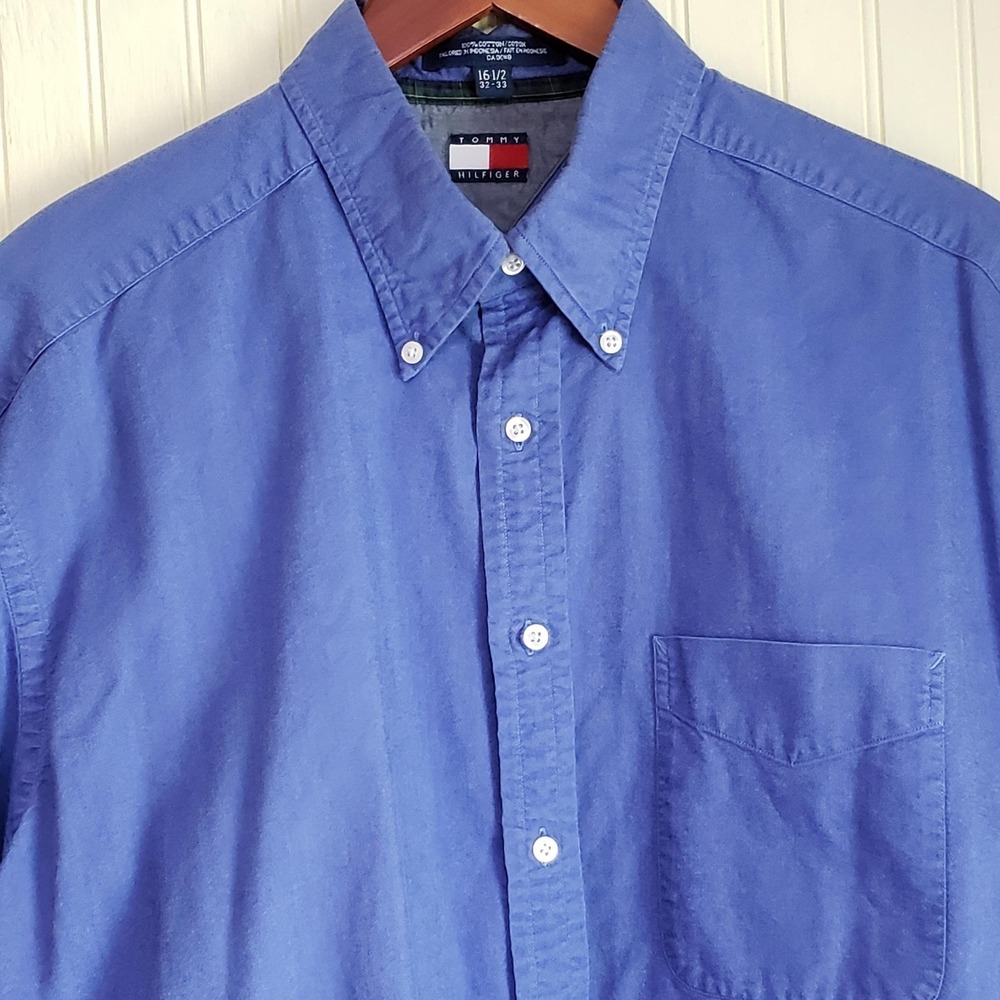 Tommy Hilfiger Shirt Mens Large Blue Solid Long Sleeve Button Down Oxford Casual